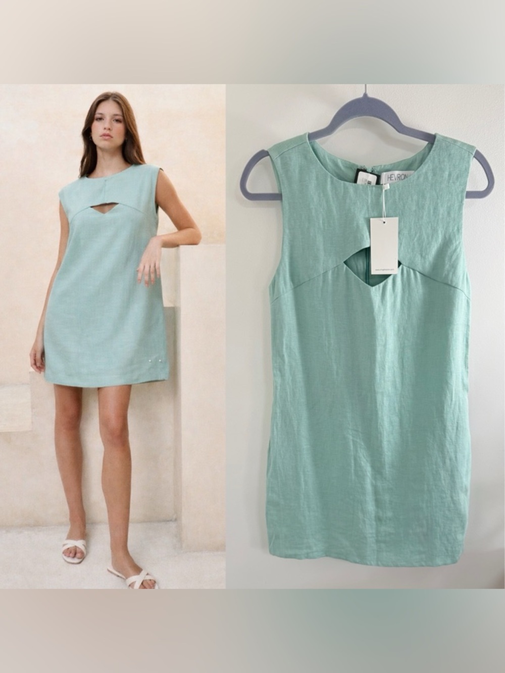 HEVRON Tahlia Linen Cutout Mini Dress in Seafoam